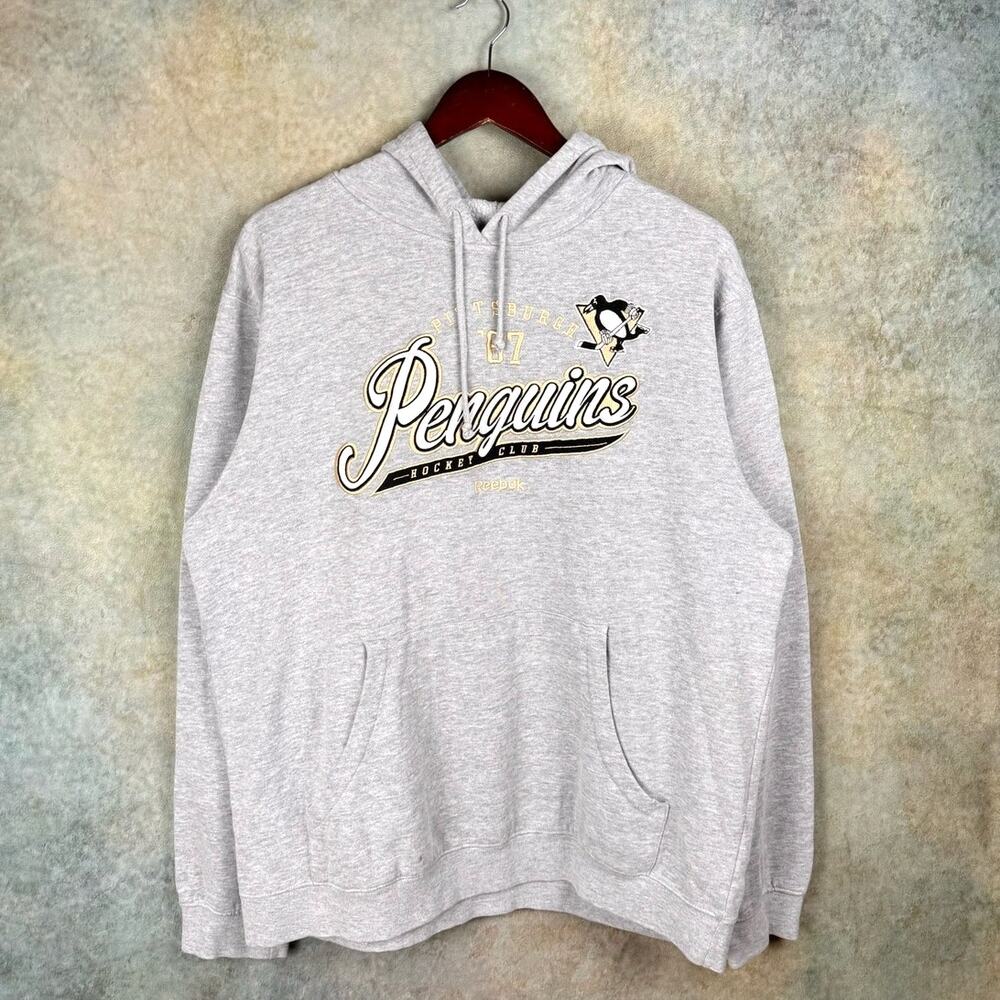 VTG Y2K Pittsburgh Penguins Hoodie Sweatshirt Sz L Gray NHL Hockey Logo Reebok